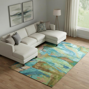 HomeRoots 9' X 12' Teal and Blush Abstract Area Rug - Washable, UV Protected, Stylish & Durable for Busy Homes 715590