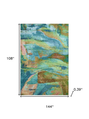 HomeRoots 10' X 14' Teal & Blush Abstract Area Rug - Washable, UV Protected, Kid & Pet Friendly Design! 715591
