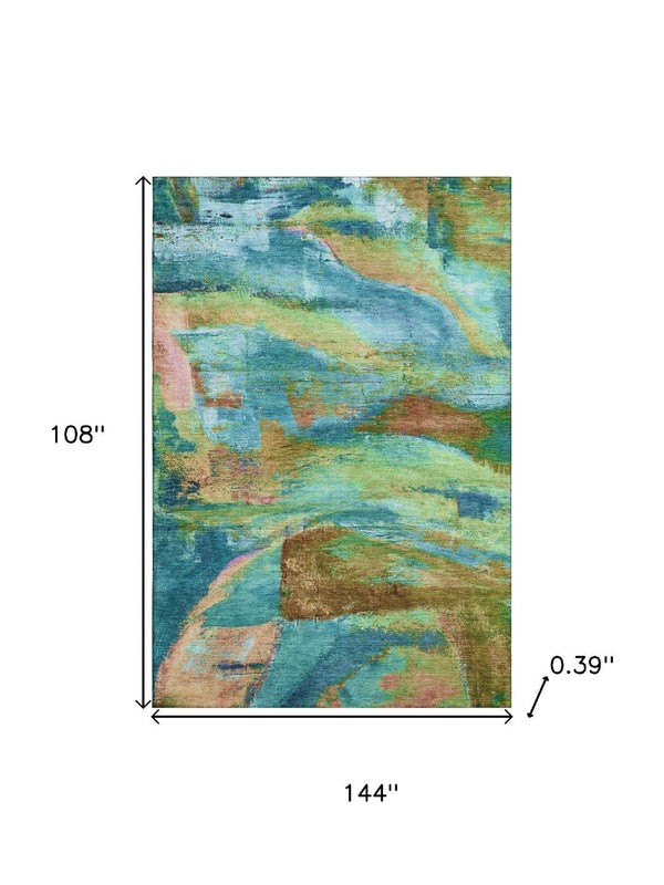 HomeRoots 10' X 14' Teal & Blush Abstract Area Rug - Washable, UV Protected, Kid & Pet Friendly Design! 715591