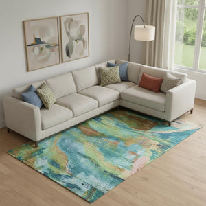HomeRoots 10' X 14' Teal & Blush Abstract Area Rug - Washable, UV Protected, Kid & Pet Friendly Design! 715591