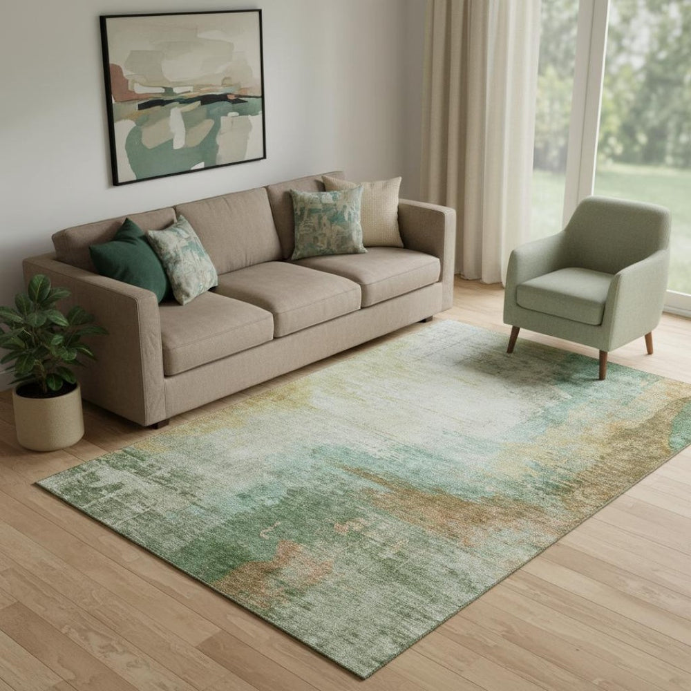 HomeRoots 8' Sage and Brown Abstract Washable Round Rug - Stylish, Durable, Stain-Resistant, UV-Protected Design! 715594