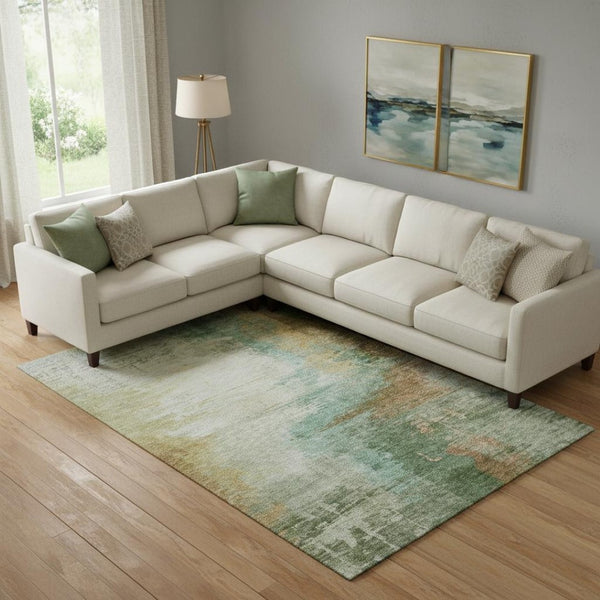 HomeRoots 10' X 14' Sage and Brown Abstract Area Rug - Washable, UV Protected, Durable for Busy Homes 715597