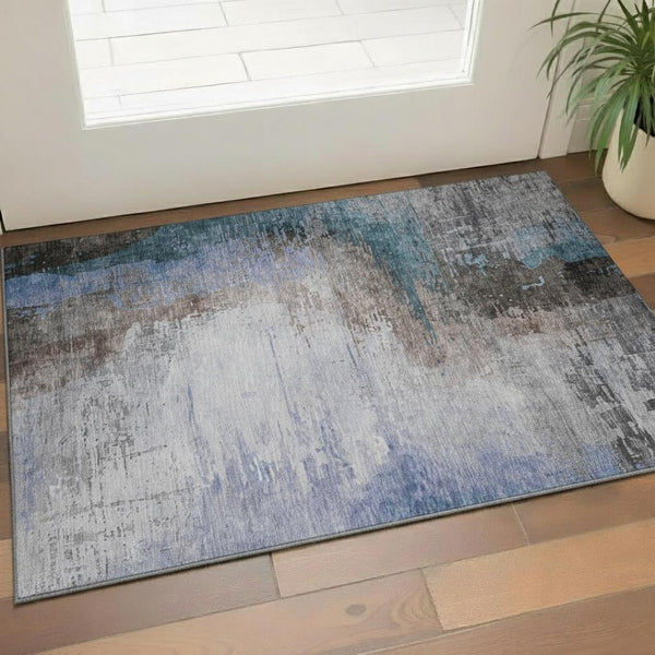 HomeRoots 5' X 8' Brown And Blue Abstract Area Rug - Washable, UV-Protected, Non-Slip, Stylish for Any Room! 715599