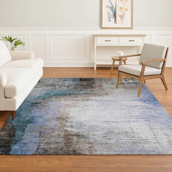 HomeRoots 5' X 8' Brown And Blue Abstract Area Rug - Washable, UV-Protected, Non-Slip, Stylish for Any Room! 715599