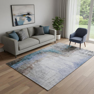 HomeRoots 8' Brown and Blue Abstract Washable Round Rug - UV Protected, Durable, Pet-Friendly, Easy Care! 715600