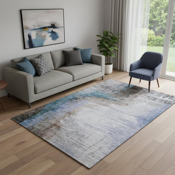 HomeRoots 8' Brown and Blue Abstract Washable Round Rug - UV Protected, Durable, Pet-Friendly, Easy Care! 715600