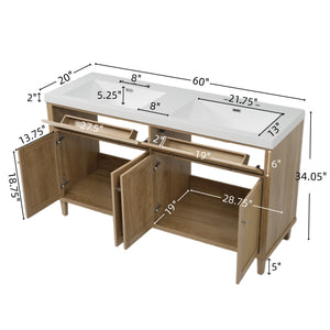 English Elm Christopher Knight Home® - 60 Inch Bathroom Vanity with Double Sinks SMC, Rattan Doors, Soft-Close Drawers, Stable Pine Legs Wood N817P296140N