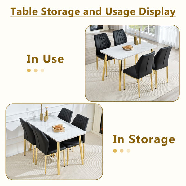 English Elm Table and Chair Set Marble Glass Top Gold Legs Modern 5 Piece Dining for Small Spaces White+Gold W1151S04636