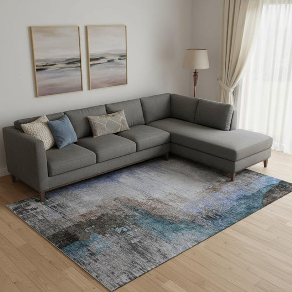 HomeRoots 10' X 14' Durable Brown and Blue Abstract Area Rug - Washable, UV Protected, Stain Resistant Design 715603
