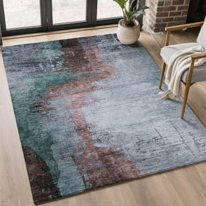 HomeRoots 8' Modern Abstract Washable Round Rug in Blue & Brown - Durable, UV Protected for High-Traffic Homes 715606