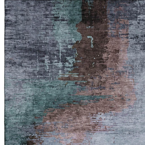 HomeRoots 8' Modern Abstract Washable Round Rug in Blue & Brown - Durable, UV Protected for High-Traffic Homes 715606