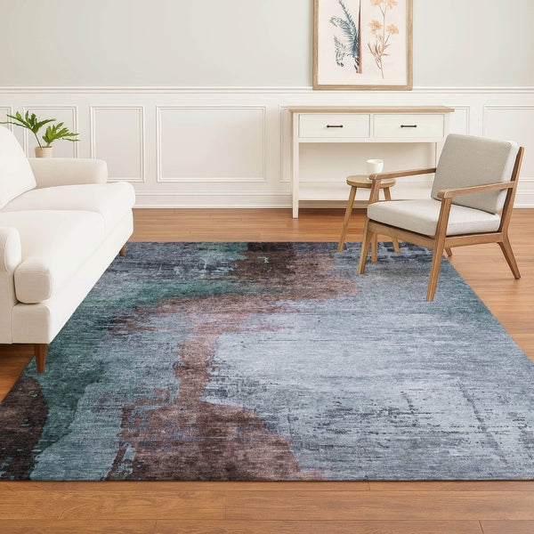 HomeRoots 8' Modern Abstract Washable Round Rug in Blue & Brown - Durable, UV Protected for High-Traffic Homes 715606