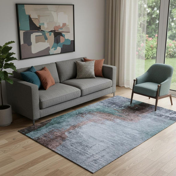 HomeRoots 8' Modern Abstract Washable Round Rug in Blue & Brown - Durable, UV Protected for High-Traffic Homes 715606