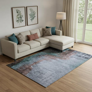 HomeRoots 10' X 14' Blue And Brown Abstract Area Rug - Washable, UV-Protected, Perfect for Busy Homes! 715609