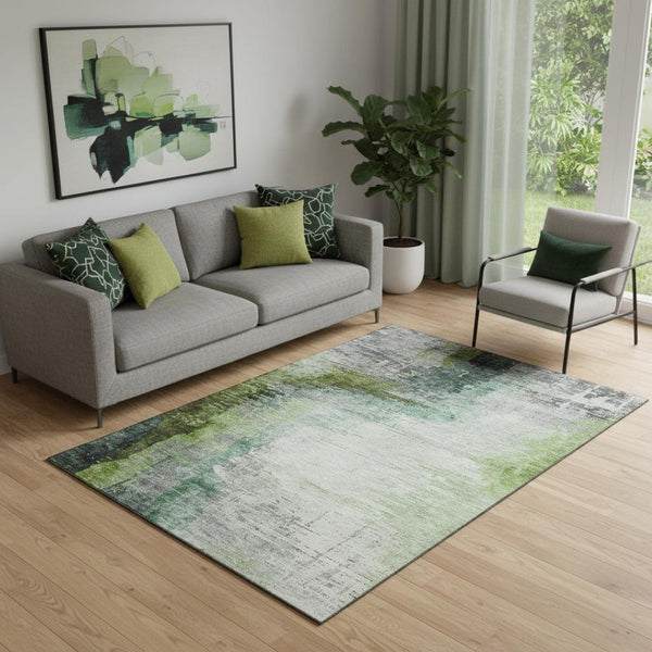 HomeRoots 8' Green and Gray Abstract Washable Round Rug with UV Protection – Stylish, Durable, Family-Friendly Floor Covering! 715618