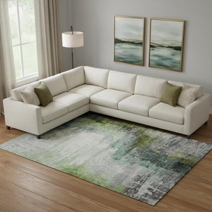 HomeRoots 9' X 12' Green and Gray Abstract Area Rug - Washable, UV Protected, Ideal for Modern Spaces & Families 715620