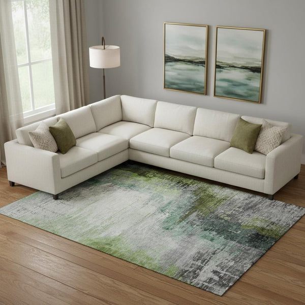 HomeRoots 9' X 12' Green and Gray Abstract Area Rug - Washable, UV Protected, Ideal for Modern Spaces & Families 715620