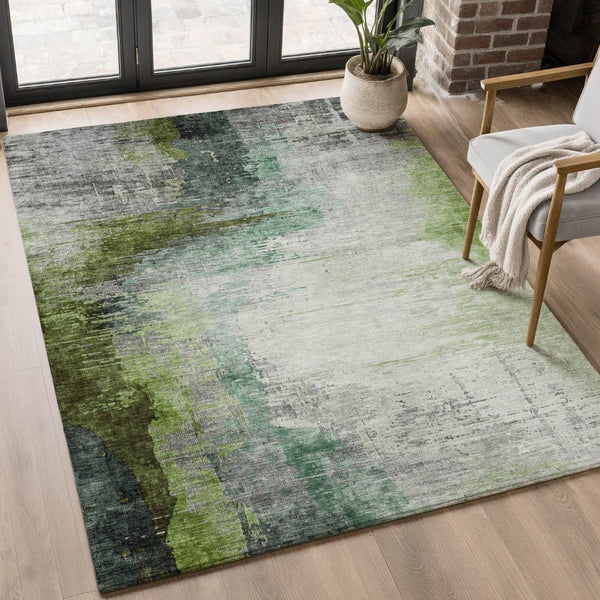 HomeRoots 10' X 14' Modern Green and Gray Abstract Area Rug – Washable, UV-Protected, Durable for High Traffic 715621