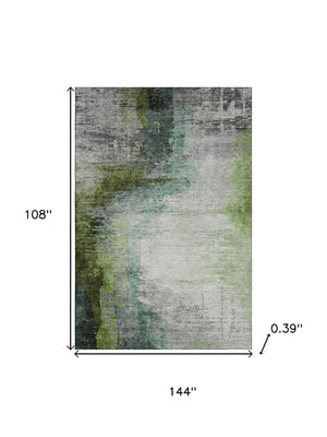 HomeRoots 10' X 14' Modern Green and Gray Abstract Area Rug – Washable, UV-Protected, Durable for High Traffic 715621
