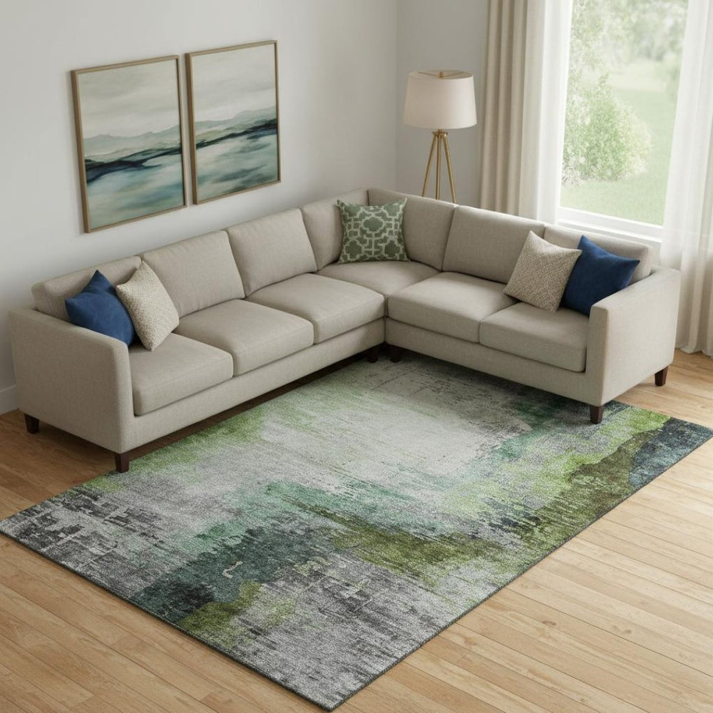 HomeRoots 10' X 14' Modern Green and Gray Abstract Area Rug – Washable, UV-Protected, Durable for High Traffic 715621