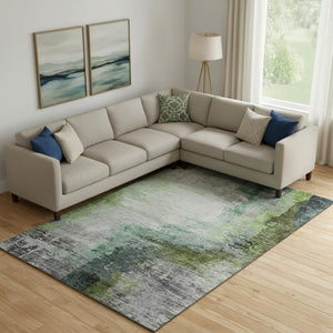 HomeRoots 10' X 14' Modern Green and Gray Abstract Area Rug – Washable, UV-Protected, Durable for High Traffic 715621