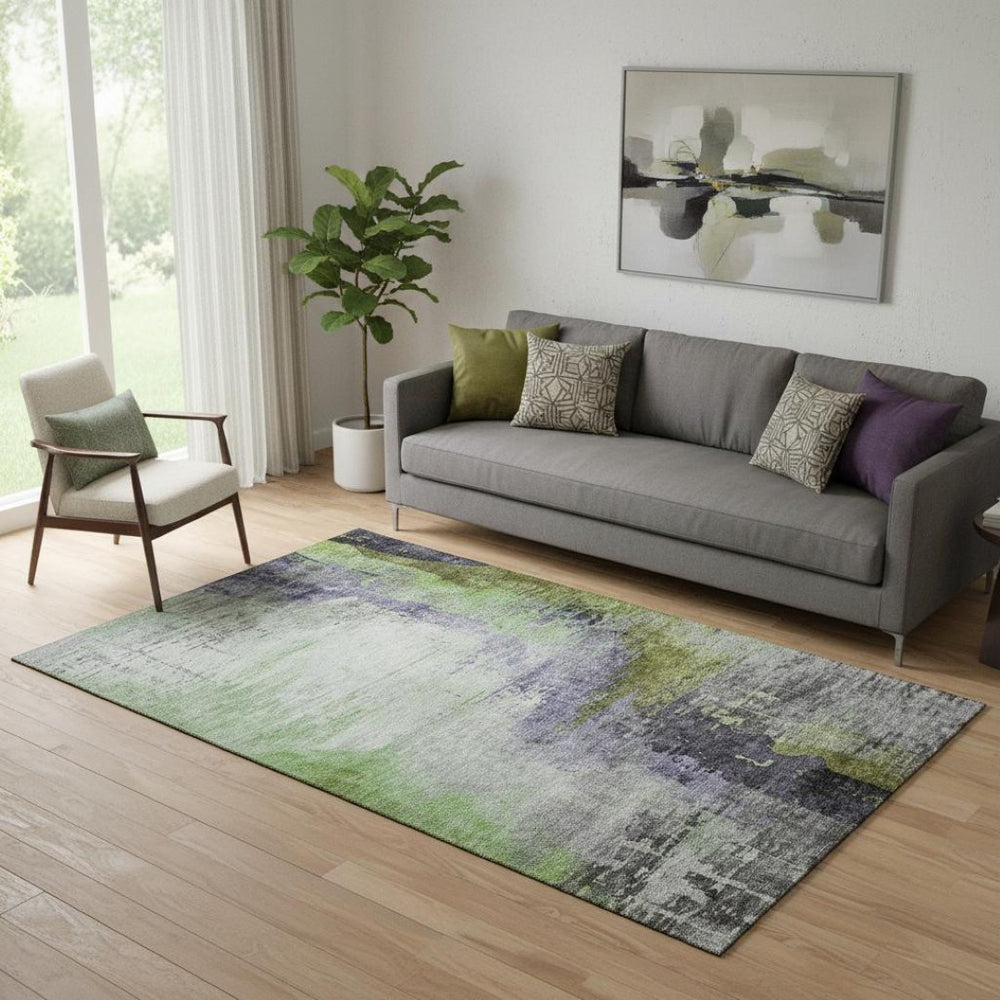 HomeRoots 8' Stylish Plum and Green Abstract Round Rug - Washable, UV-Protected, Stain-Resistant Comfort! 715624