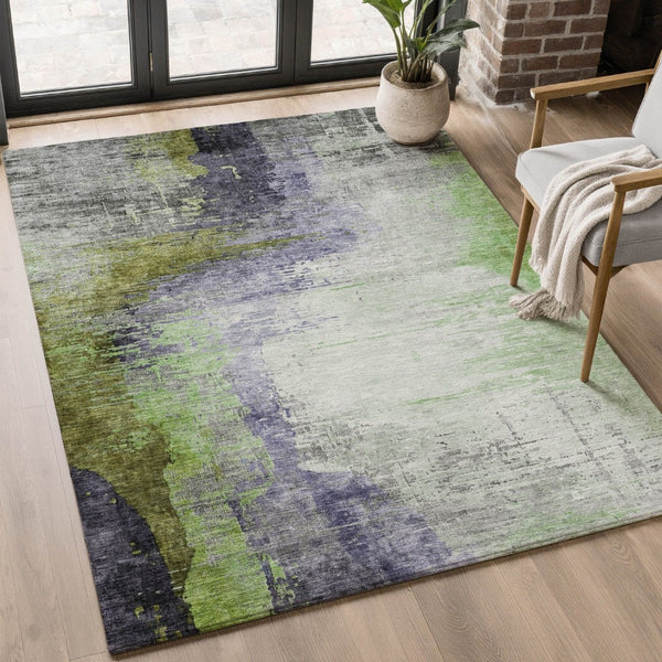HomeRoots 10' X 14' Plum And Green Abstract Washable Area Rug – Durable, UV-Protected, Stylish for Homes 715627