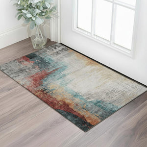 HomeRoots 5' Teal and Mauve Abstract Area Rug - Washable, UV Protected, Non-Slip for Style & Durability! 715629