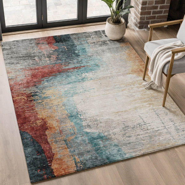 HomeRoots 8' Teal And Mauve Abstract Washable Round Rug – UV Protected, Durable, Stylish for Indoor & Outdoor Use 715630