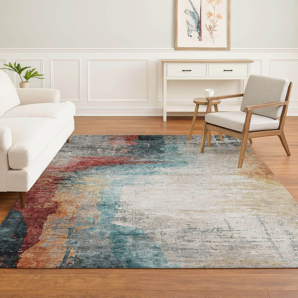 HomeRoots 8' Teal And Mauve Abstract Washable Round Rug – UV Protected, Durable, Stylish for Indoor & Outdoor Use 715630