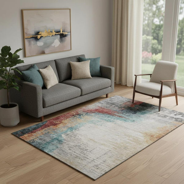 HomeRoots 8' Teal And Mauve Abstract Washable Round Rug – UV Protected, Durable, Stylish for Indoor & Outdoor Use 715630
