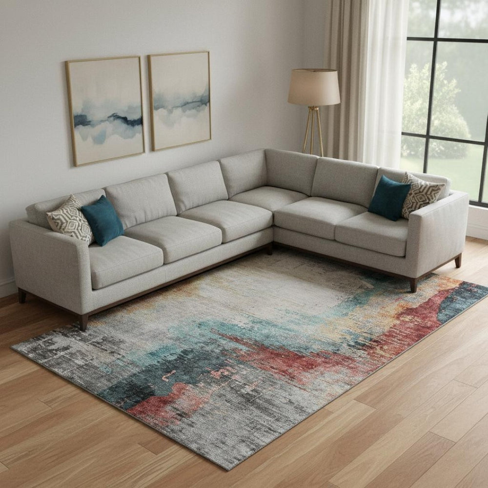HomeRoots 9' X 12' Teal and Mauve Abstract Area Rug - Washable, UV-Protected, Durable for Busy Homes 715632