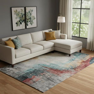 HomeRoots 10' X 14' Teal and Mauve Abstract Washable Area Rug with UV Protection for High-Traffic Spaces 715633