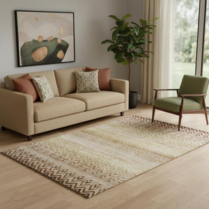 HomeRoots 8' Beige and Brown Geometric Round Rug - Washable, UV-Protected, Non-Slip for Busy Homes & Pets 715636
