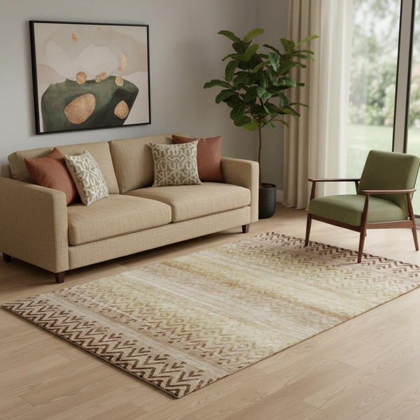 HomeRoots 8' Beige and Brown Geometric Round Rug - Washable, UV-Protected, Non-Slip for Busy Homes & Pets 715636