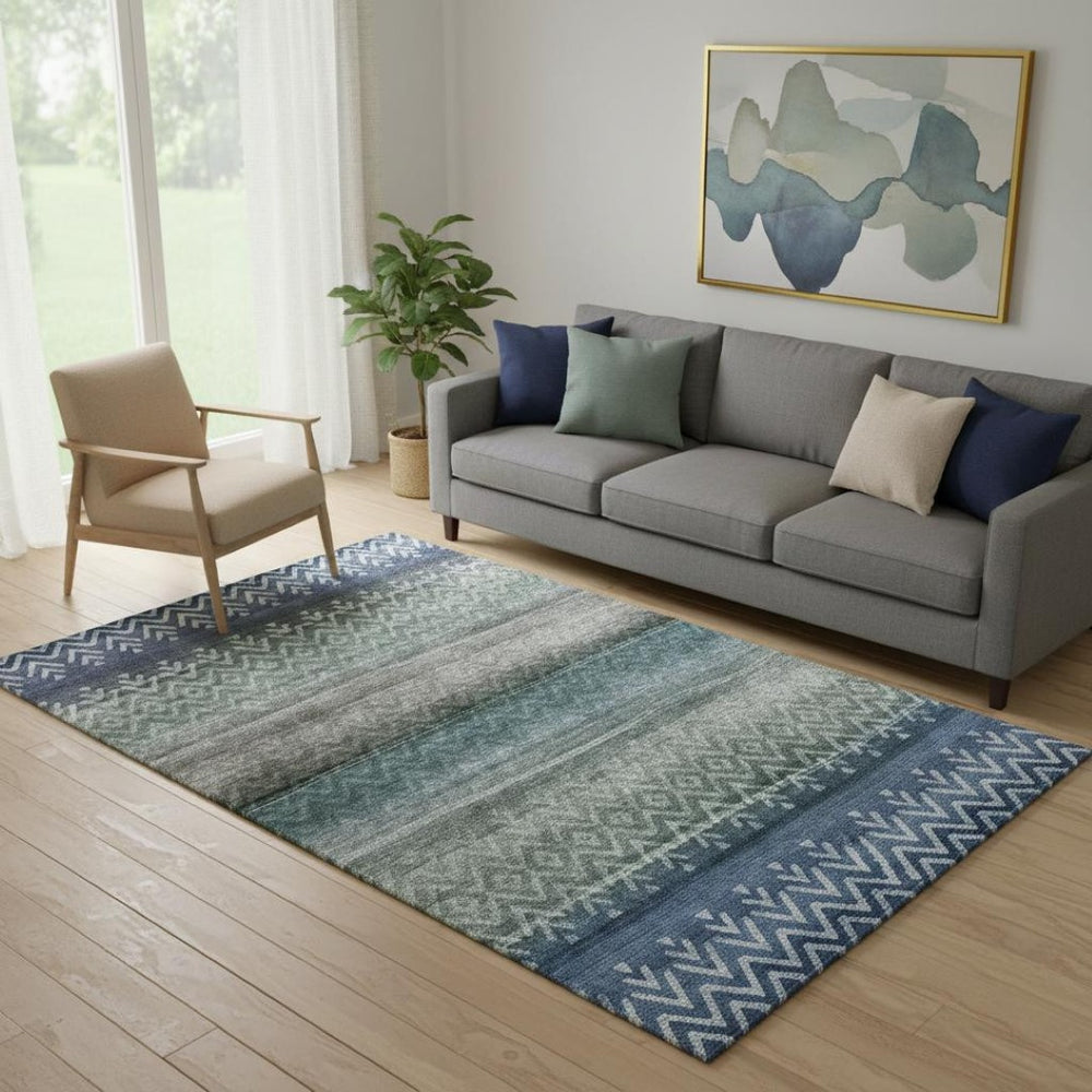 HomeRoots 8' Blue And Gray Geometric Washable Round Rug - UV Protected, Durable, Stylish for Busy Homes 715642