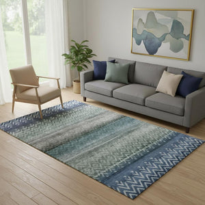 HomeRoots 8' Blue And Gray Geometric Washable Round Rug - UV Protected, Durable, Stylish for Busy Homes 715642