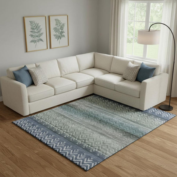 HomeRoots 10' X 14' Blue and Gray Geometric Area Rug - Washable, UV Protected, Perfect for High-Traffic Spaces! 715645