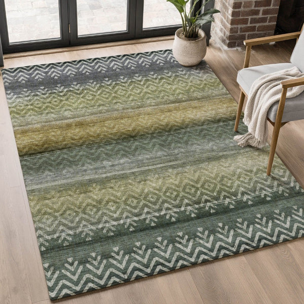 HomeRoots 5' X 8' Washable Green & Charcoal Geometric Area Rug with UV Protection for Modern Spaces & Durability 715647
