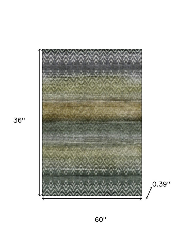 HomeRoots 5' X 8' Washable Green & Charcoal Geometric Area Rug with UV Protection for Modern Spaces & Durability 715647