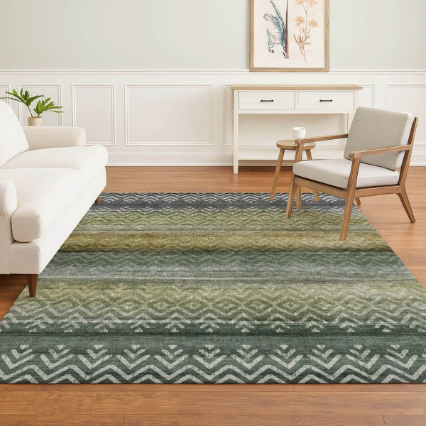 HomeRoots 5' X 8' Washable Green & Charcoal Geometric Area Rug with UV Protection for Modern Spaces & Durability 715647