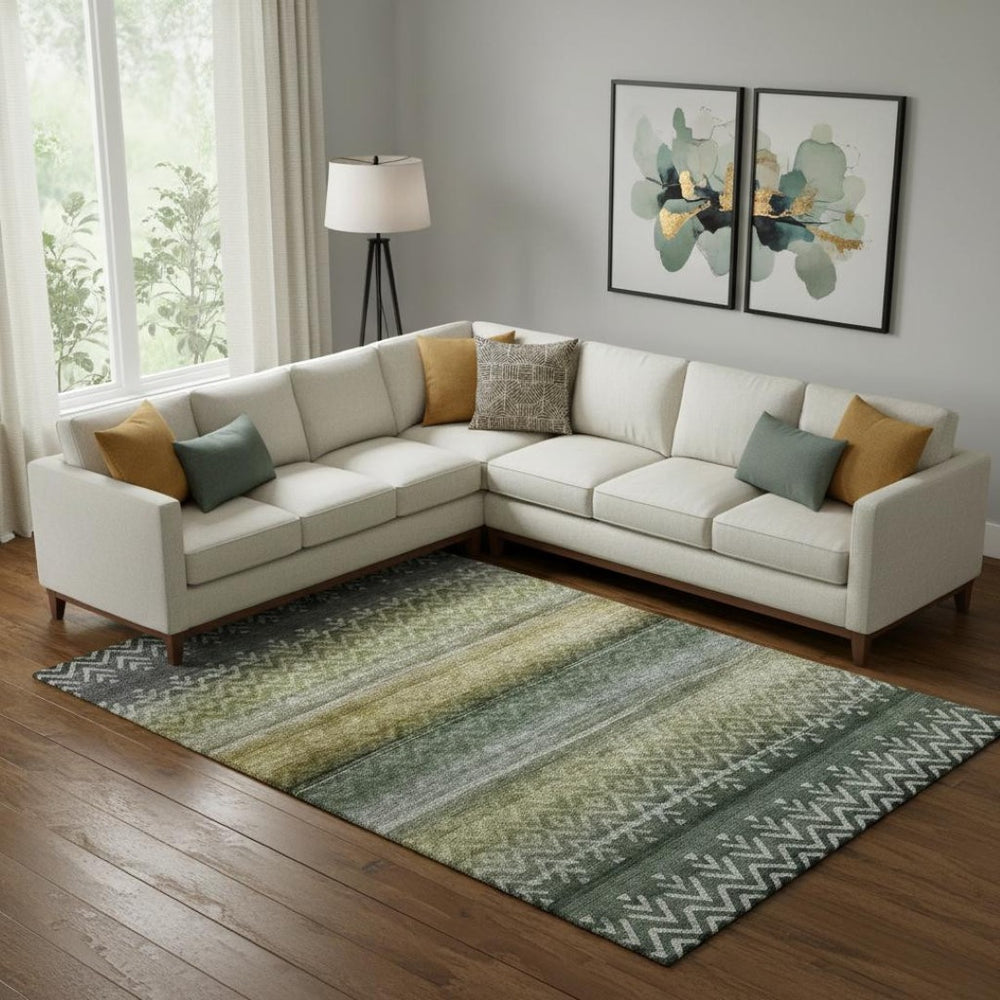 HomeRoots 9' X 12' Geometric Area Rug in Green & Charcoal - Washable, UV-Protected, Perfect for Family Homes! 715650