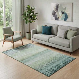 HomeRoots 8' Teal and Gray Geometric Round Rug - Machine Washable, UV Protected & Stain Resistant for Style 715660