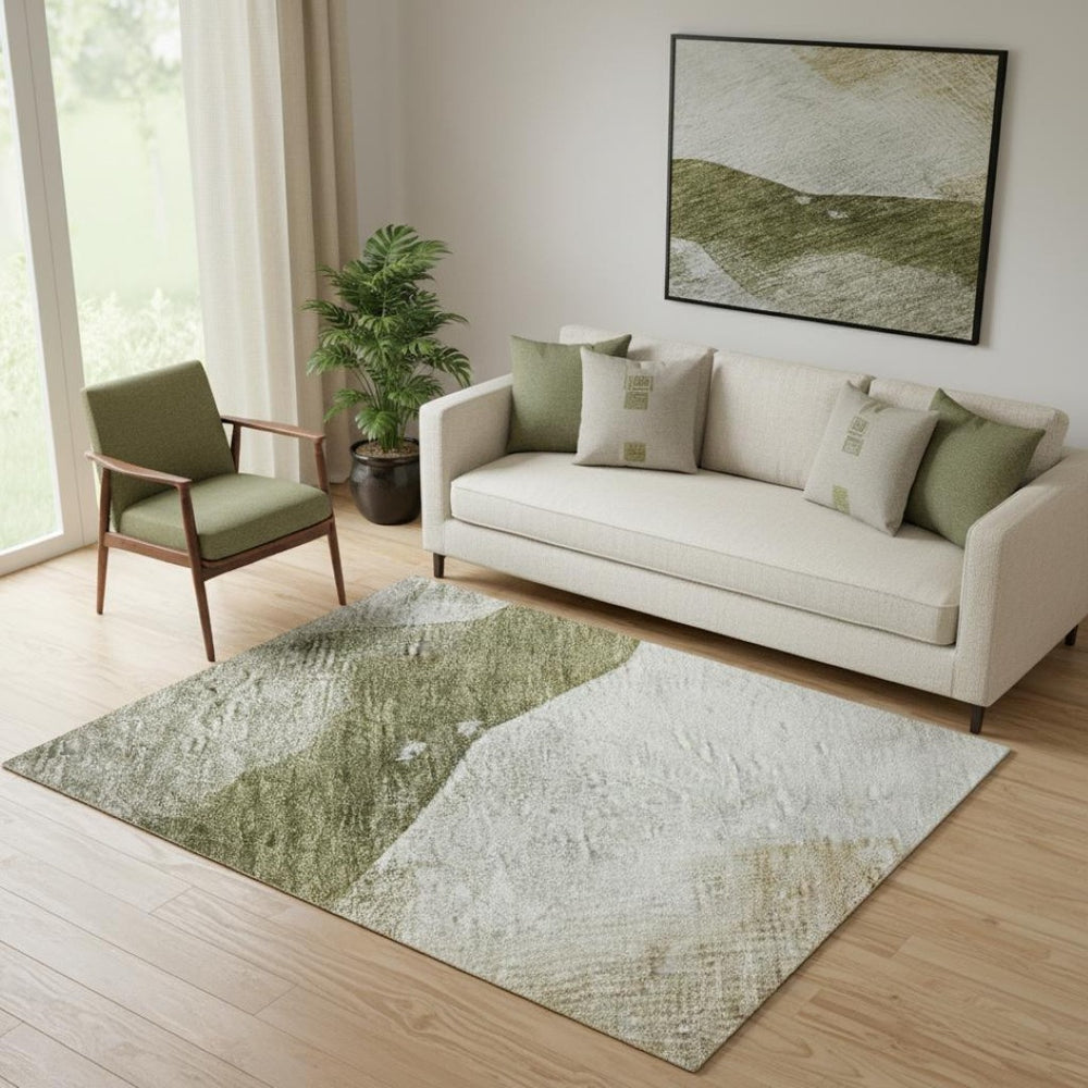 HomeRoots 8' Green and Ivory Abstract Washable Round Rug - Durable, UV-Protected, Stylish for Busy Homes 715672