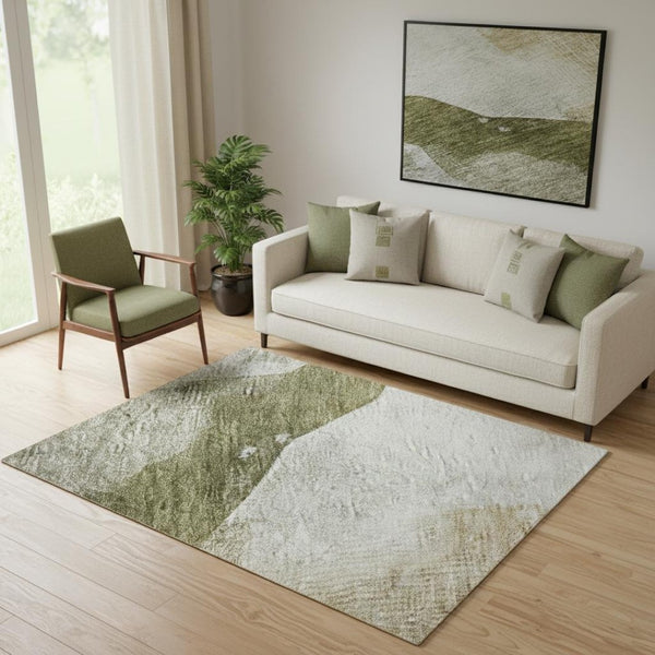 HomeRoots 8' Green and Ivory Abstract Washable Round Rug - Durable, UV-Protected, Stylish for Busy Homes 715672
