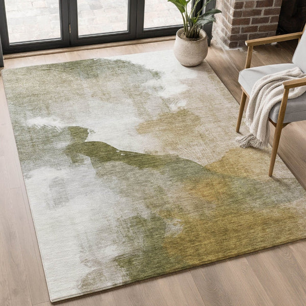 HomeRoots 10' X 14' Green & Ivory Abstract Area Rug - Washable, UV-Resistant, and Perfect for Busy Homes! 715675
