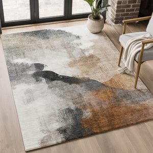 HomeRoots 9' X 12' Modern Rust and Ivory Abstract Washable Area Rug - UV Protected, Stain Resistant, Durable Design 715680