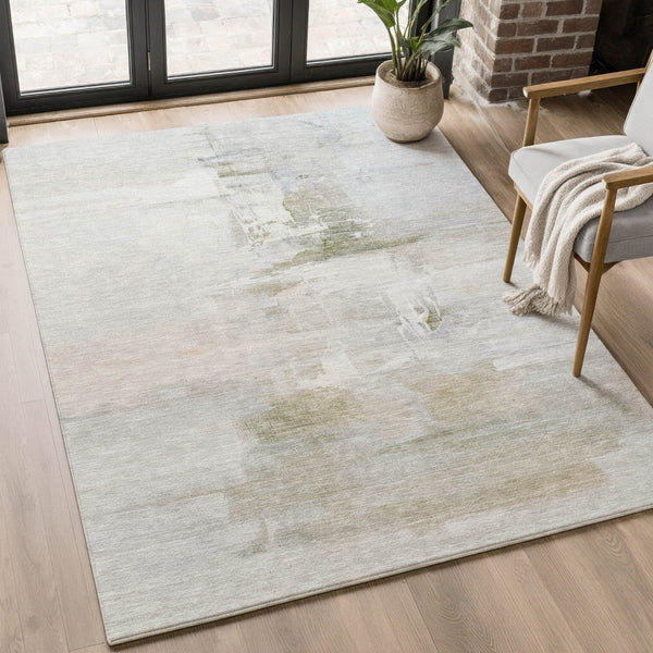 HomeRoots 8' Round Rug in Linen & Ivory Abstract Design - Washable, Stain-Resistant, UV Protected for Durability 715684