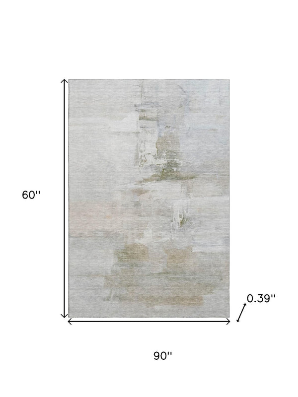 HomeRoots 8' Round Rug in Linen & Ivory Abstract Design - Washable, Stain-Resistant, UV Protected for Durability 715684