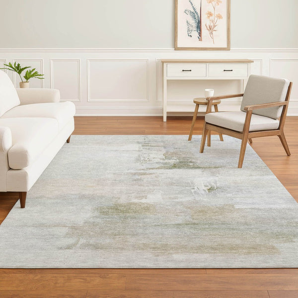 HomeRoots 8' Round Rug in Linen & Ivory Abstract Design - Washable, Stain-Resistant, UV Protected for Durability 715684